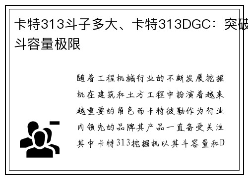 卡特313斗子多大、卡特313DGC：突破斗容量极限